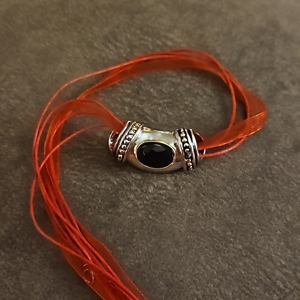 Vintage Stainless Steel Black Gem Slider Pendant Ribbon Necklace - Picture 6 of 6